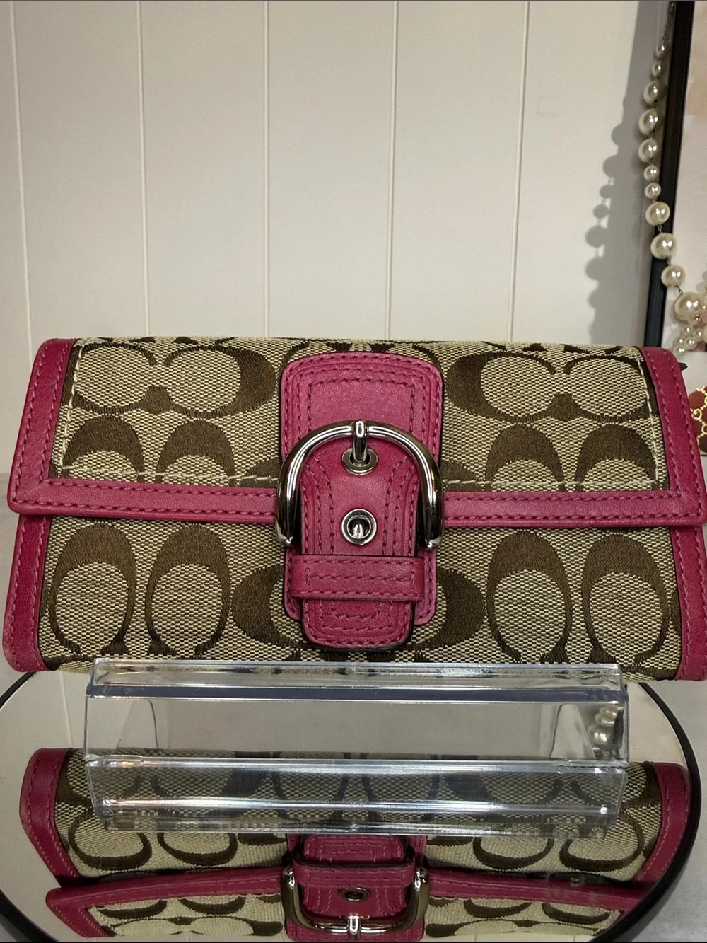 Coach Signature Canvas Wallet with Pink Trim